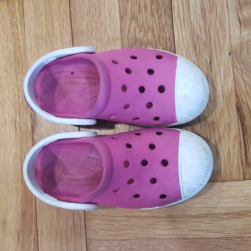Crocs (pink with white trim)